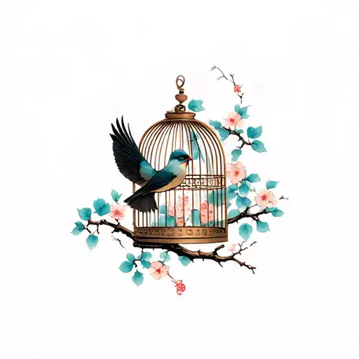 a bird flying out of a cage and a bird on a branch tattoo design idea