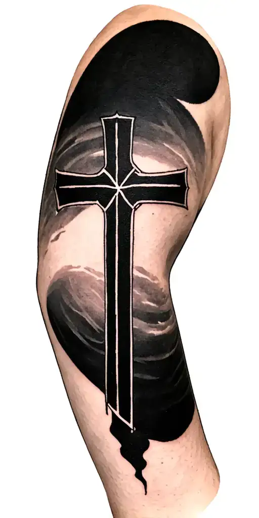 I already have a tattoo with 2 " cross just below my elbow in my inner forearm. The cross is all black. Behind the cross tattoo design idea