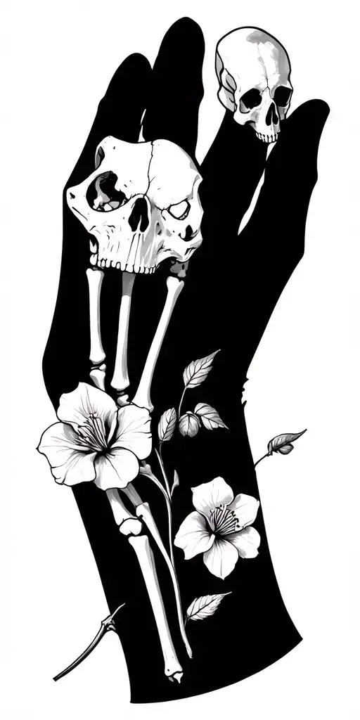 finger bones on my hands, horse skull, bat skeleton, and a diphylleia grayi flower tattoo design idea