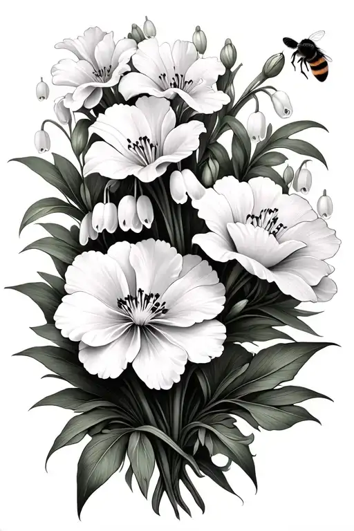 Lily of the valley flowers and carnation flowers and snowdrop flowers with a little bee tattoo design idea