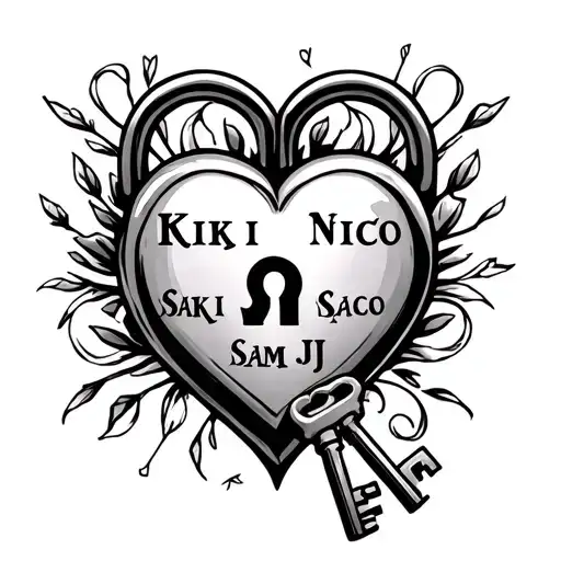 Tattoo using the names KiKi Nico Sam JJ with a heart lock and key around it tattoo design idea