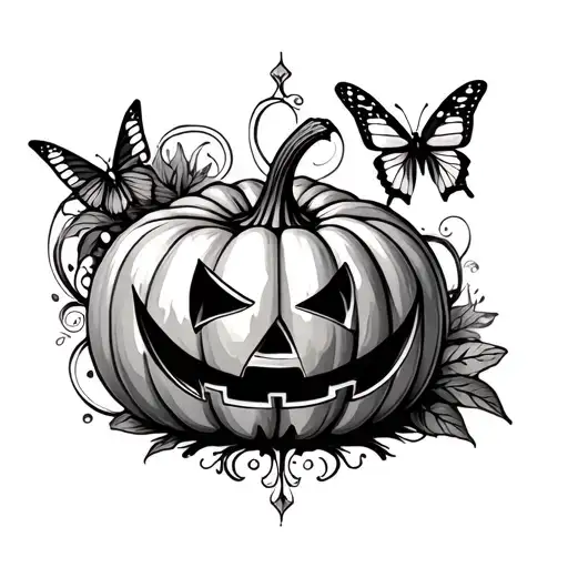 delicate ornamental infinity symbol with pumpkin and butterfly  tattoo design idea