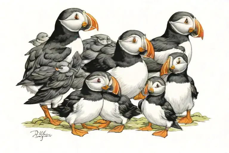 family of puffins.  one adult,  two babies doing funny things. tattoo design idea