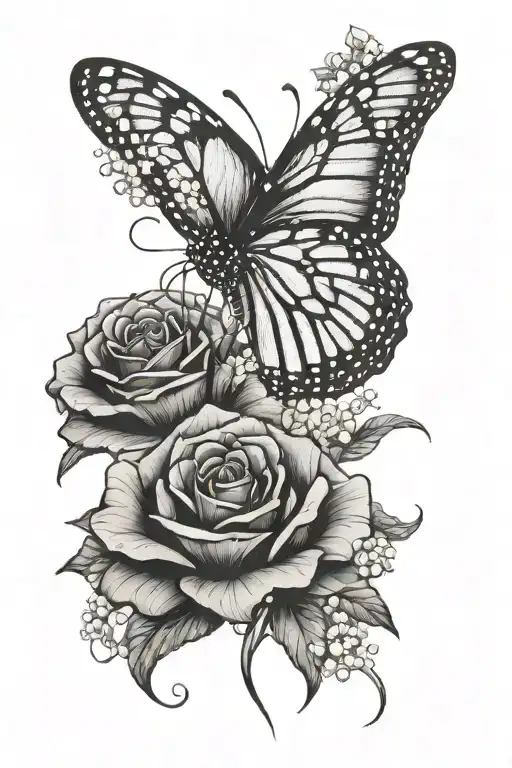 monarch butterfly on roses and baby's breath flowers tattoo design idea