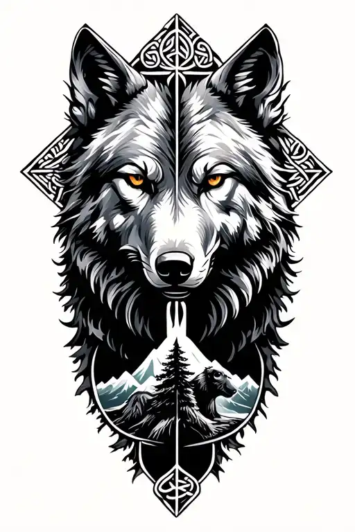 A metallic wolf within a celtic cross that leads down into a tree with a mountain, sasquatch, and bear tattoo design idea