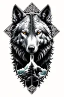 A metallic wolf within a celtic cross that leads down into a tree with a mountain, sasquatch, and bear tattoo design idea