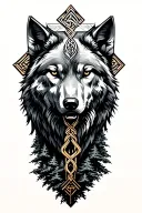 A metallic wolf within a celtic cross that leads down into a tree with a mountain, sasquatch, and bear tattoo design idea