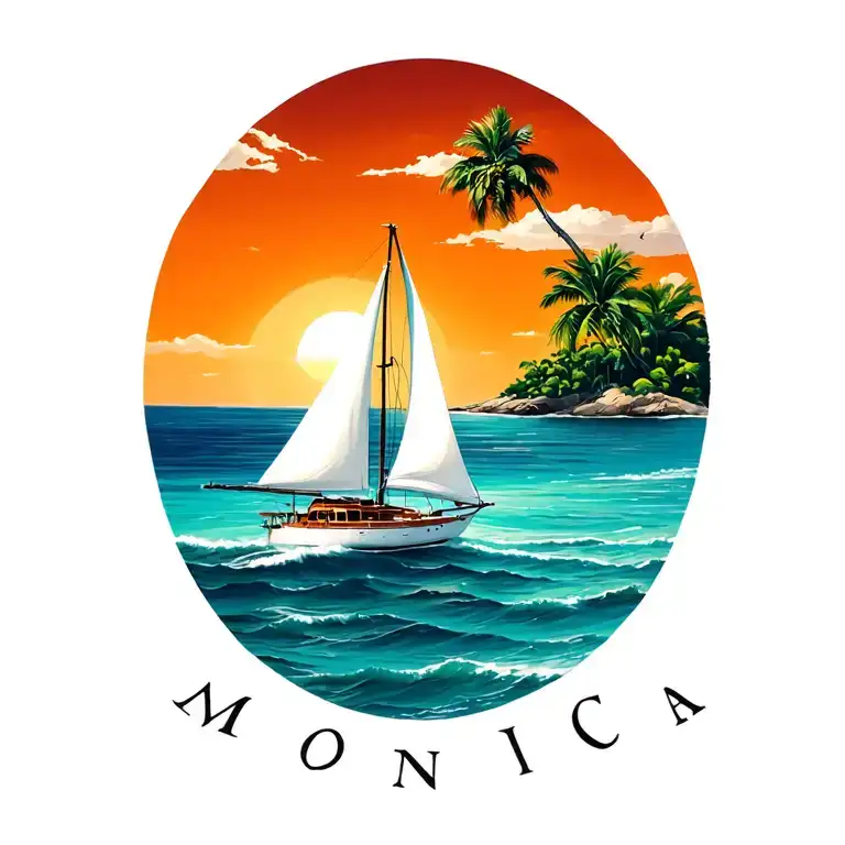 "Monica" white sailboat sailing away towards sunrise sky, ocean, island with palm, beach tattoo design idea