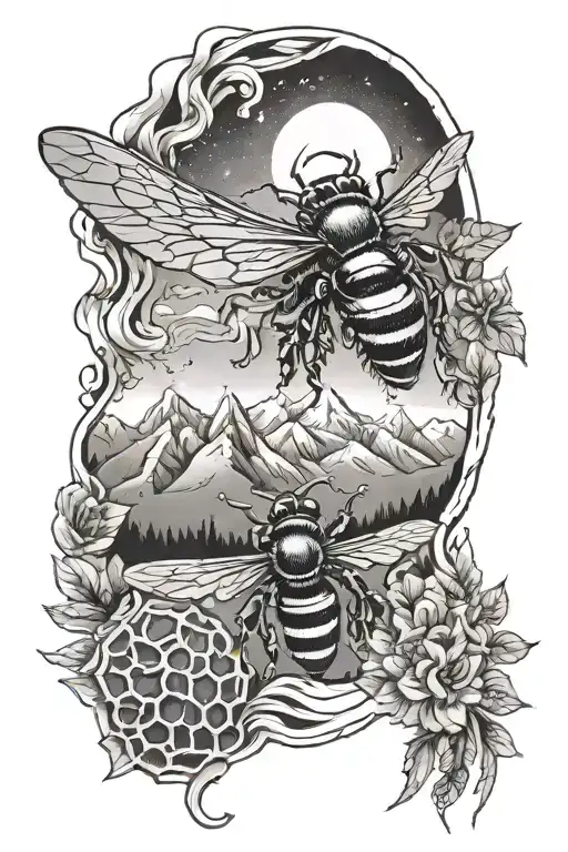 sleeve with honeycomb design featuring a bee and a mountain range tattoo design idea