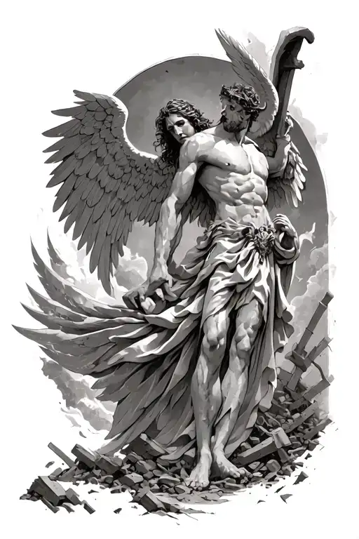 behind arch angel gabriel standing in ruins with hurt wings fighting demons and protecting heaven back tattoo tattoo design idea
