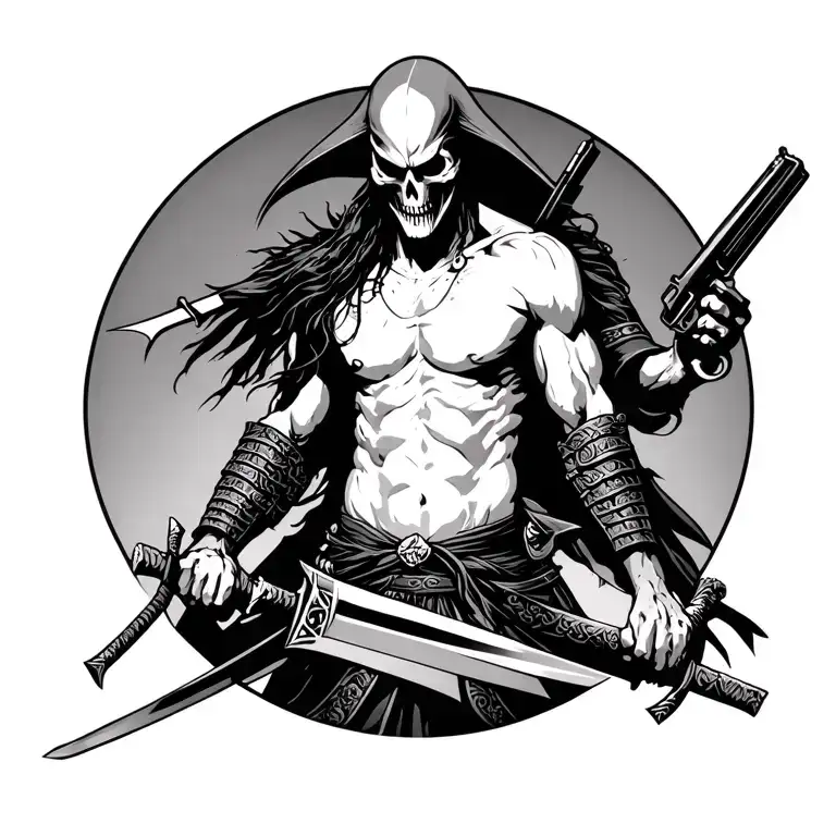 samurai stabbing a Kitana trough his stomach with a grim reaper standing behind him holding a gunnto his head tattoo design idea