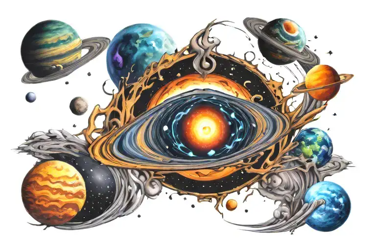 Bipolar disorder, a black hole and space with planets tattoo design idea