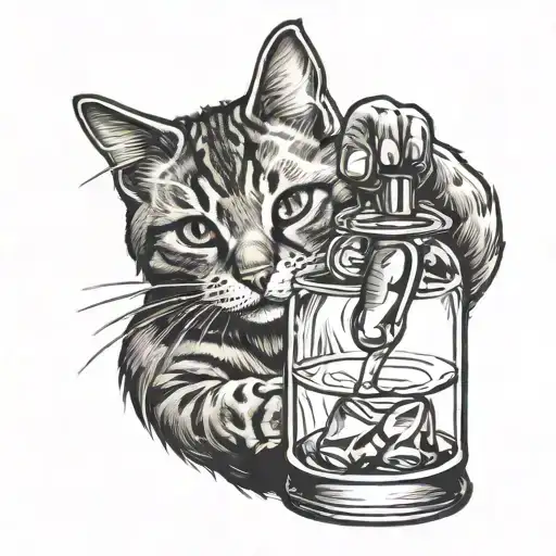cat looking through a bottle of alcohol tiny tattoo design idea