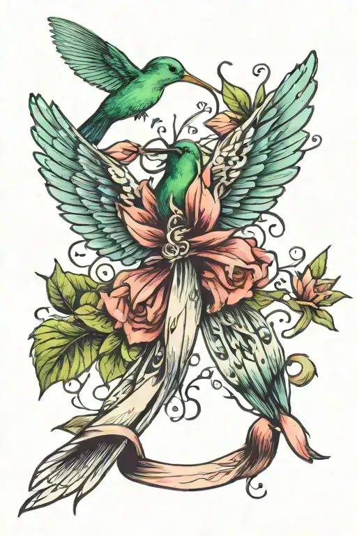 humming bird and cancer ribbon wrapped tattoo design idea