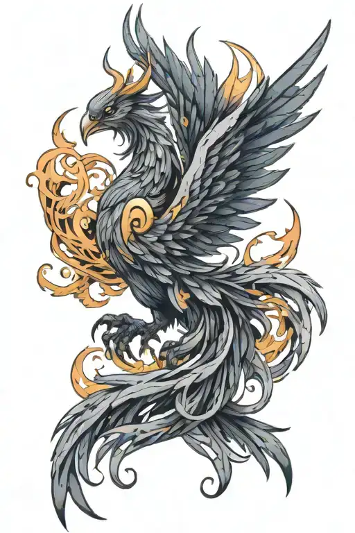 A new-school tattoo of an anime-inspired phoenix rising from gaming symbols tattoo design idea