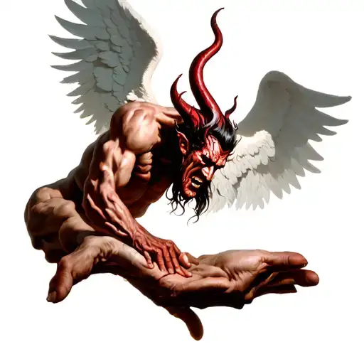 the devil as an angel falling and trying to grab on to gods hand but it shows only his hand and it's big tattoo design idea