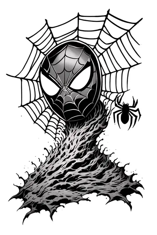 unfinished spider web with spider spinning down a web and hidden spiderman logo tattoo design idea