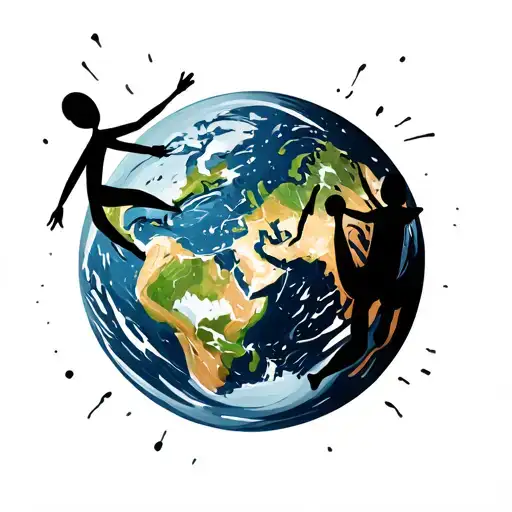 earth with two stick figures dancing, ine tattoo design idea