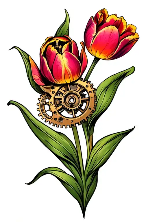 a traditional style coloured tattoo of a tulip, in a steampunk style, featuring gears and robotics and other steampunk t tattoo design idea