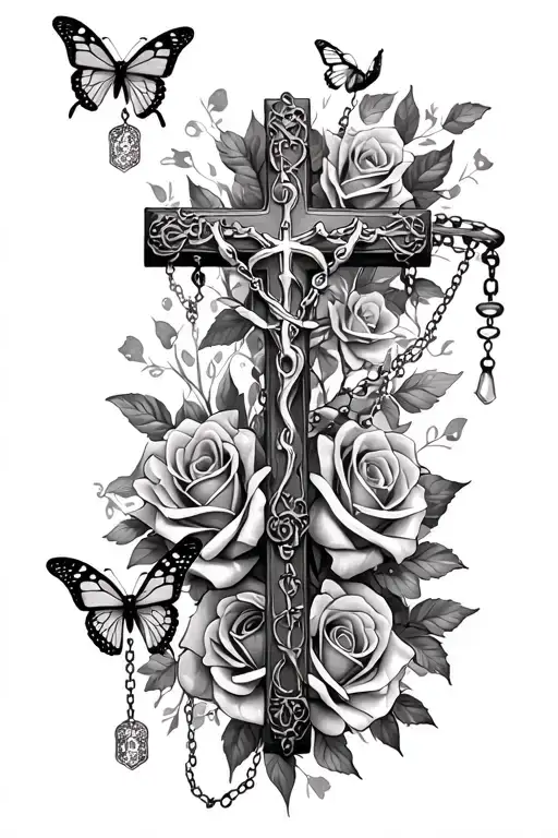 long tattoo going down and rosary beads attached to cross roses and butterflies randomly placed  tattoo design idea