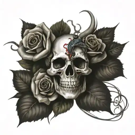 skull and rose and snake tattoo design idea