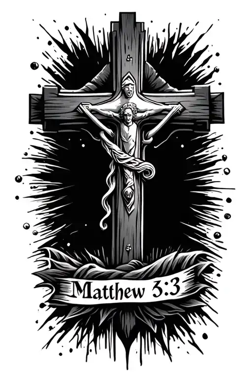 cross with a cool background and the text of Matthew 6:33 also in it  tattoo design idea