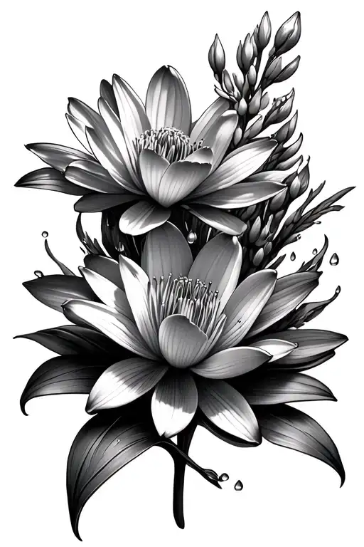 waterlily jonquil gladiolus and larkspur flowers with realistic water drops on petals  tattoo design idea