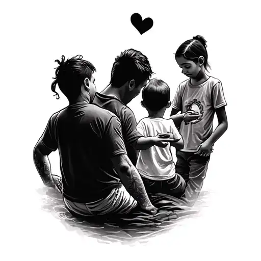 siloette of dad and 3 kids playing tattoo design idea