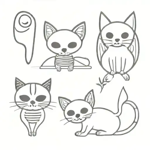 Two small cats with bat wings, one skeleton cat and one black cat, gothic cartoon style tattoo design idea