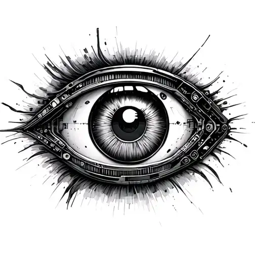 electronic mechanical eye in a digital shell, cyberpunk, dystopia tattoo design idea