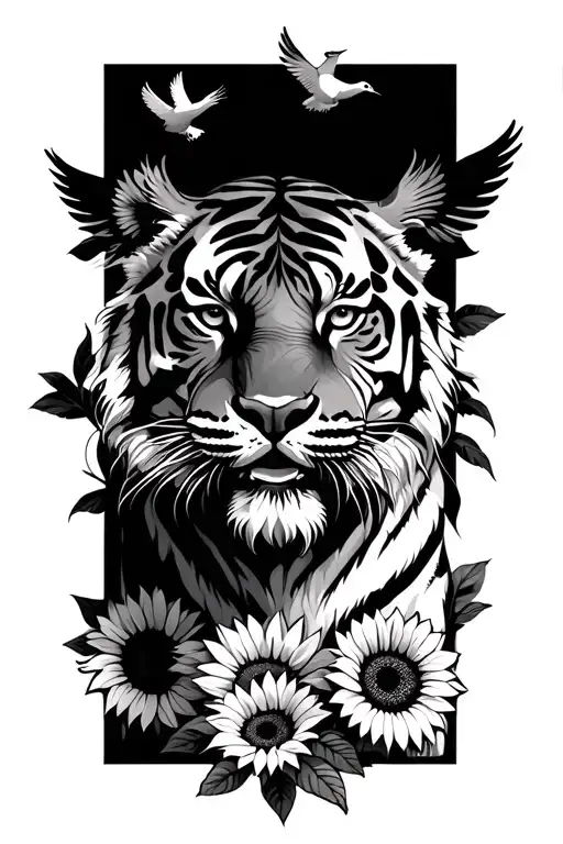 awesome tiger symbolizes faith in Christ surrounded with sunflowers and doves tattoo design idea