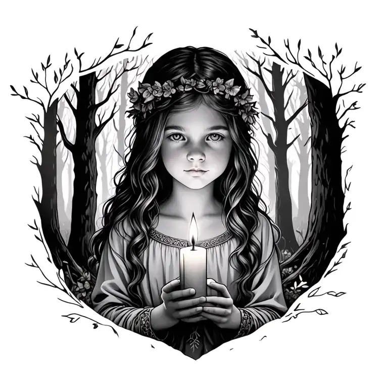 little girl holding candle in dark forest tattoo design idea