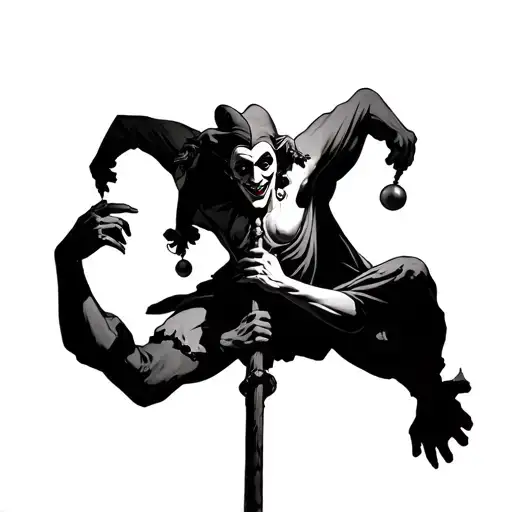 Jester on a pole with an evil hand on one side and a good hand on the other grabbing the pole tattoo design idea