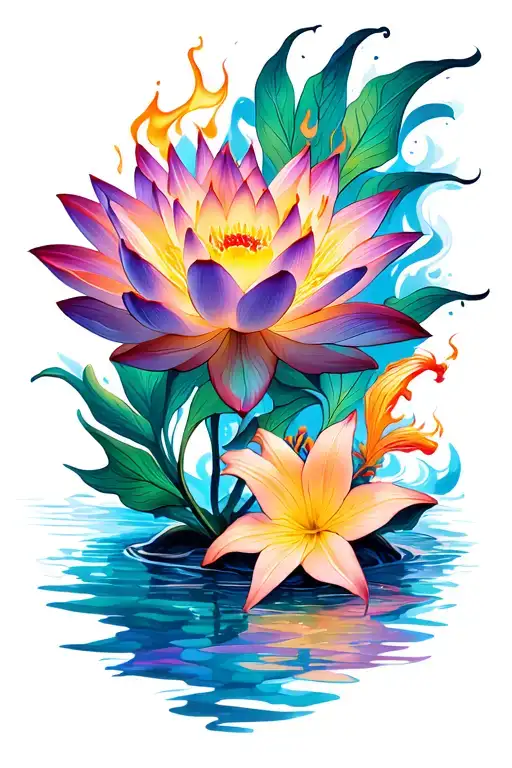 lotus flower with Phoenix and Stargazer lilies flames tattoo design idea
