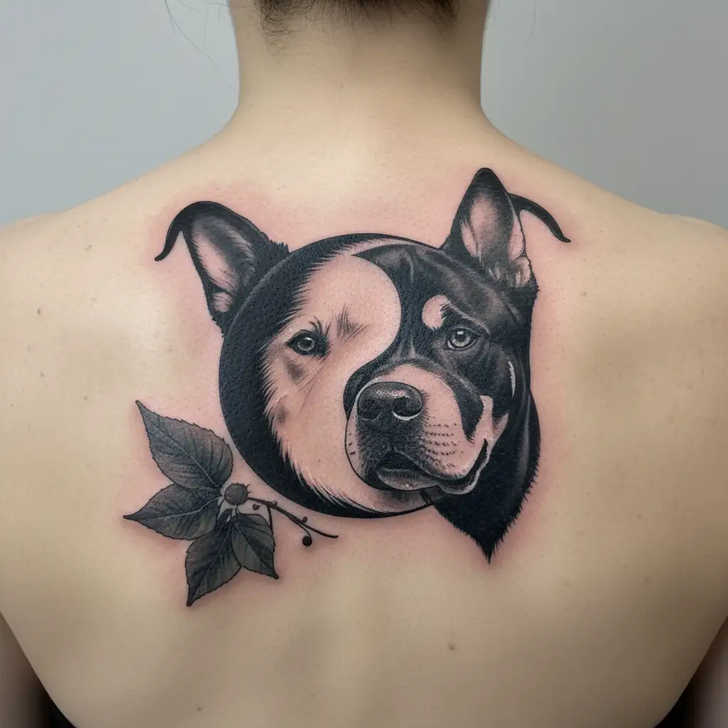 yin and yang symbol formed by a husky and a pitbull tattoo design idea