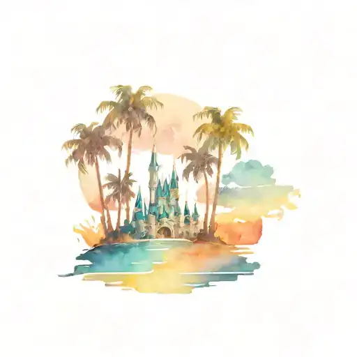 the silhouette of some palm trees, the silhouette of a cruise ship and the silhouette of the Disney castle tattoo design idea
