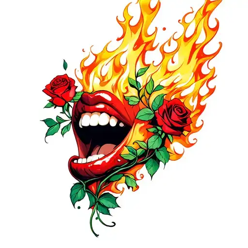An abstract design of a mouth breathing out fire with roses blooming from the flames tattoo design idea