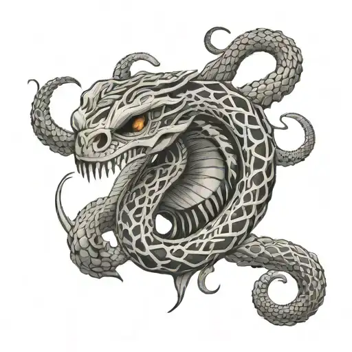 snake skeleton going up tail bottom straight up curvy going up with snake head on each side sideways up tattoo design idea