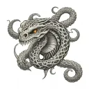 snake skeleton going up tail bottom straight up curvy going up with snake head on each side sideways up tattoo design idea