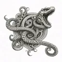 snake skeleton going up tail bottom straight up curvy going up with snake head on each side sideways up tattoo design idea