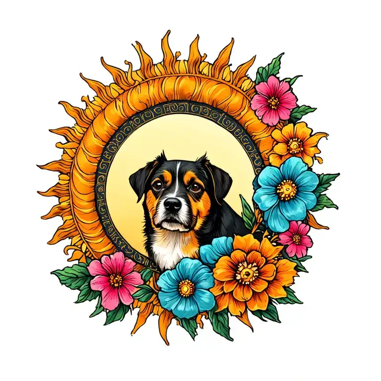 Raupity's sun with one side with costsia (flowers) a dog dough in the center, all delicate and fine access tattoo design idea