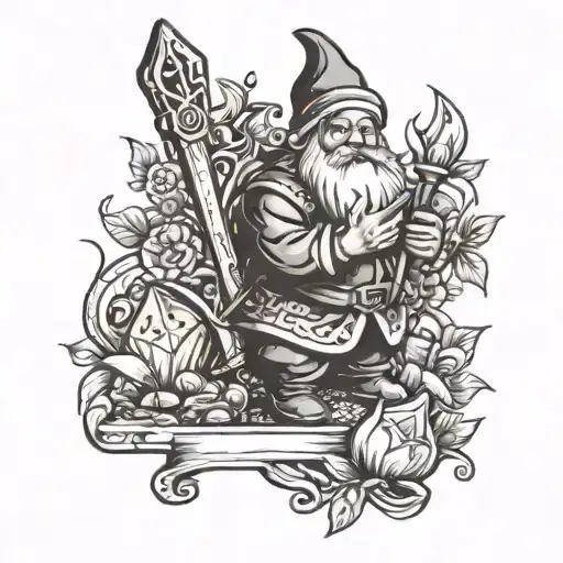 a tarot card with an garden gnome ar sleeve tattoo design idea