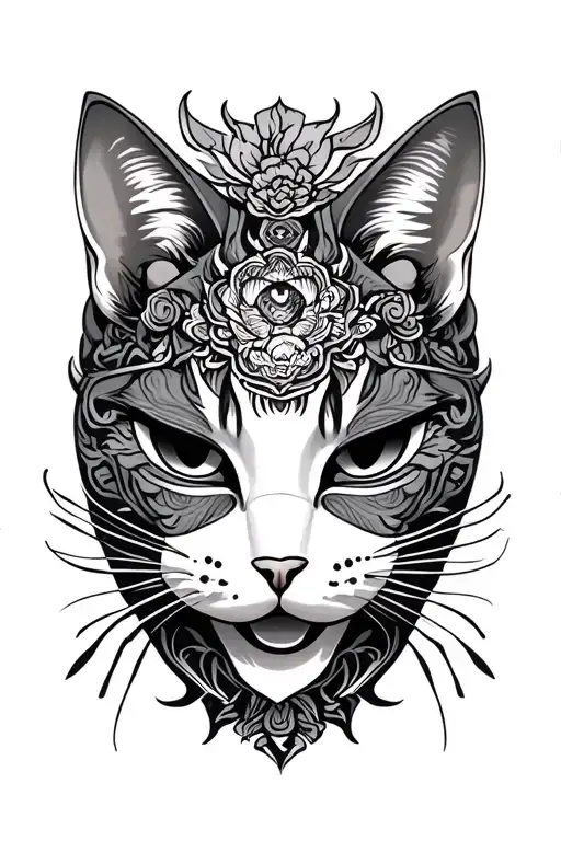 Japanese cat mask third eye tattoo design idea