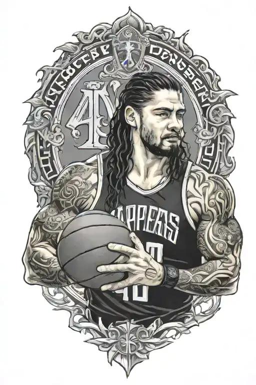 Roman reigns with a basketball,number 40,rings,that isnpires power and greatness tattoo design idea