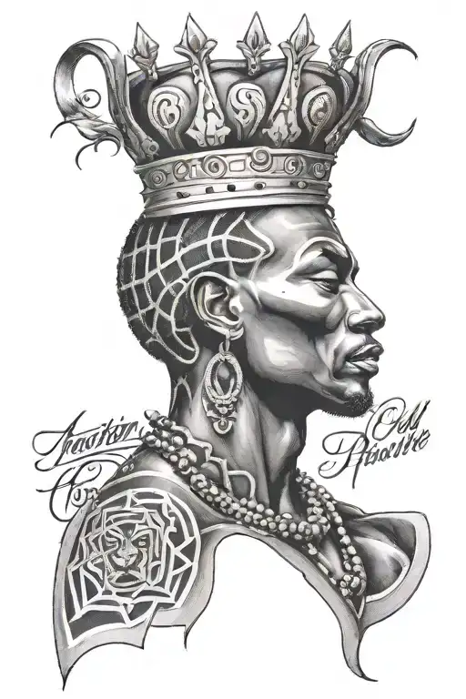 african king with crown on his head and words of affirmation all on his body "with god all things are possible" tattoo design idea