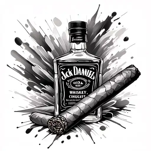 Jack Daniels Whiskey And Cigar surrounded by abstract tattoo design idea