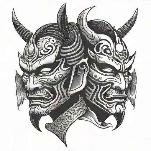 samurai mask split in half face sad face tattoo design idea