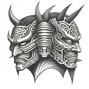 samurai mask split in half face sad face tattoo design idea