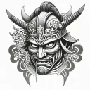 samurai mask split in half face sad face tattoo design idea