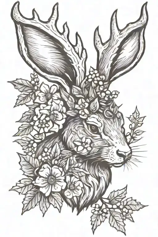 jackalope with a crown of holly and narcissus flower tattoo design idea